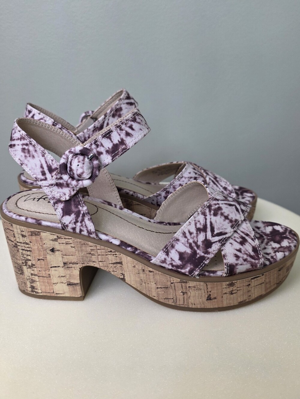 LifeStride Neutral Platform Sandals Cork Block Heel Purple Shibori 7.5M NEW!! - Picture 7 of 15